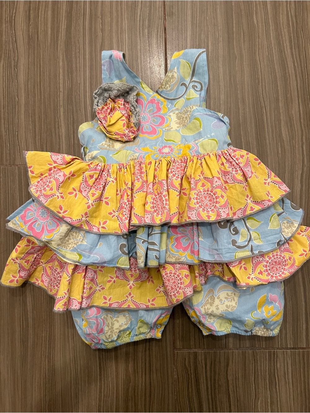 Mustard Pie Tiered Floral Ruffle Baby Romper — Yellow & Light Blue